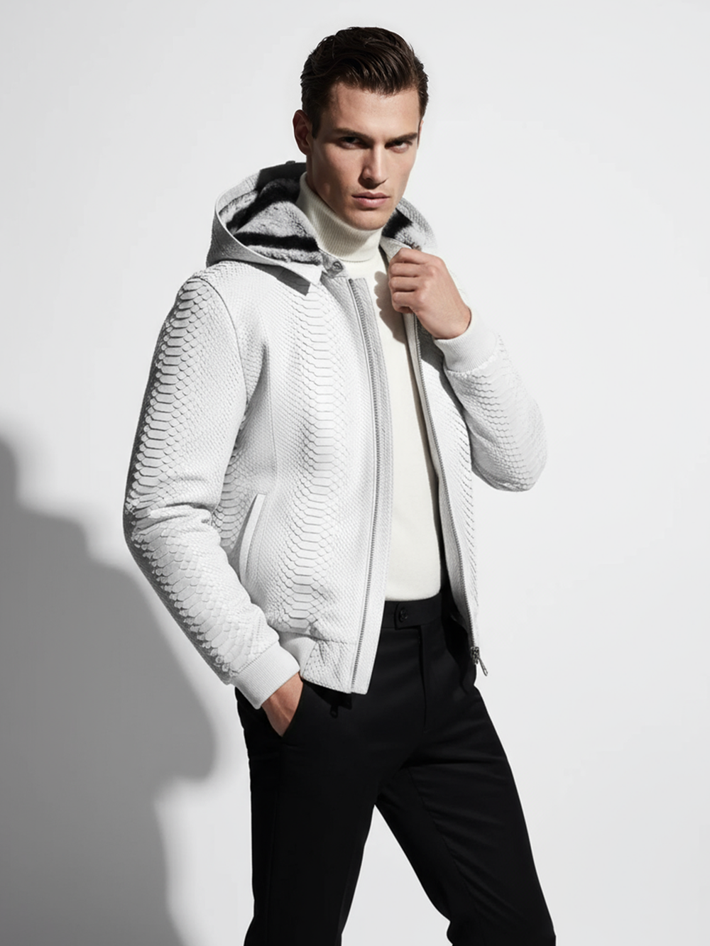 White Python Hooded Jacket with Rex Rabbit Lining
