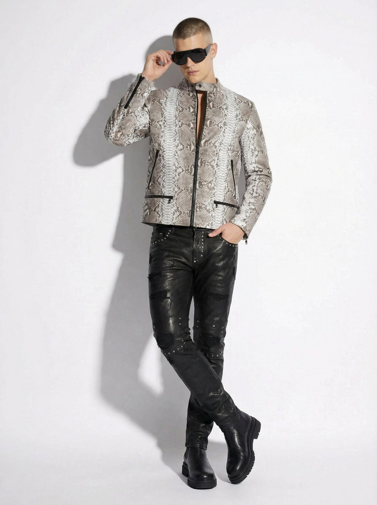 Natural White Grey Python Skin Racer Jacket