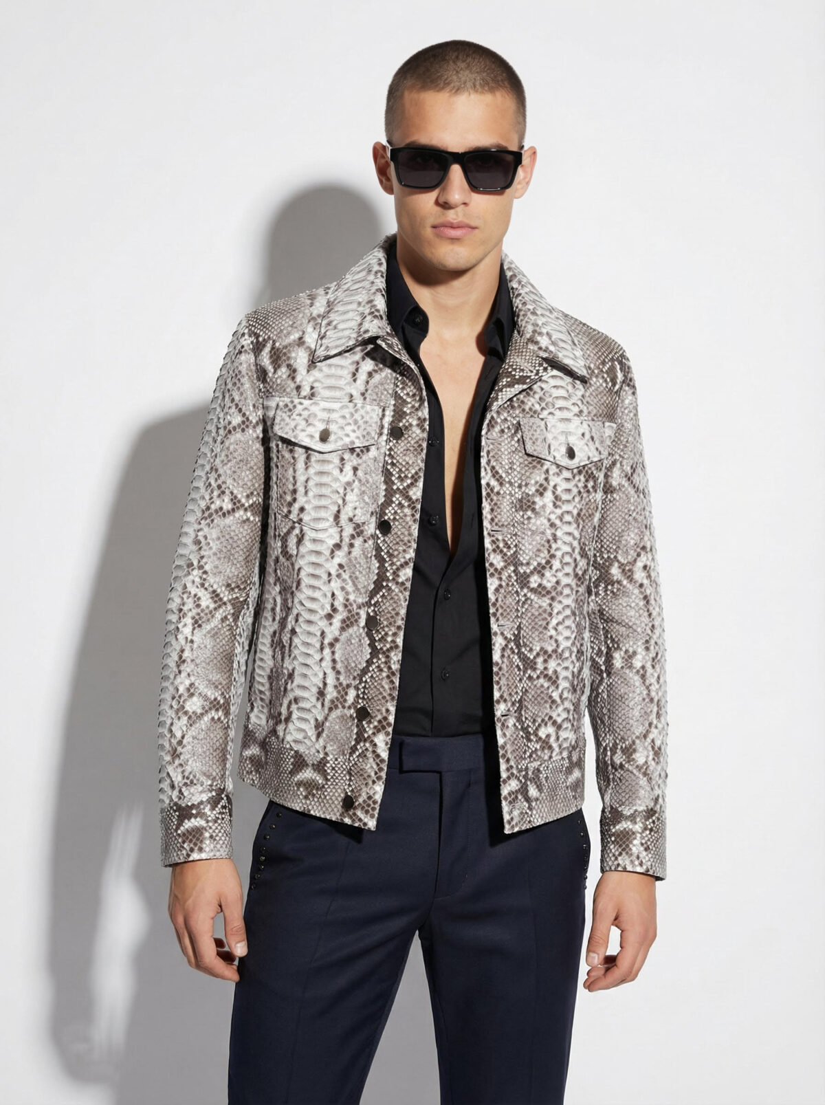 Natural White Grey Python Trucker Jacket