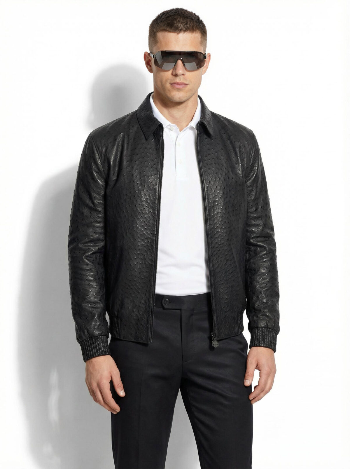Black Ostrich Bomber Jacket