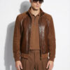 Brown Suede Bomber Jacket with Python Front