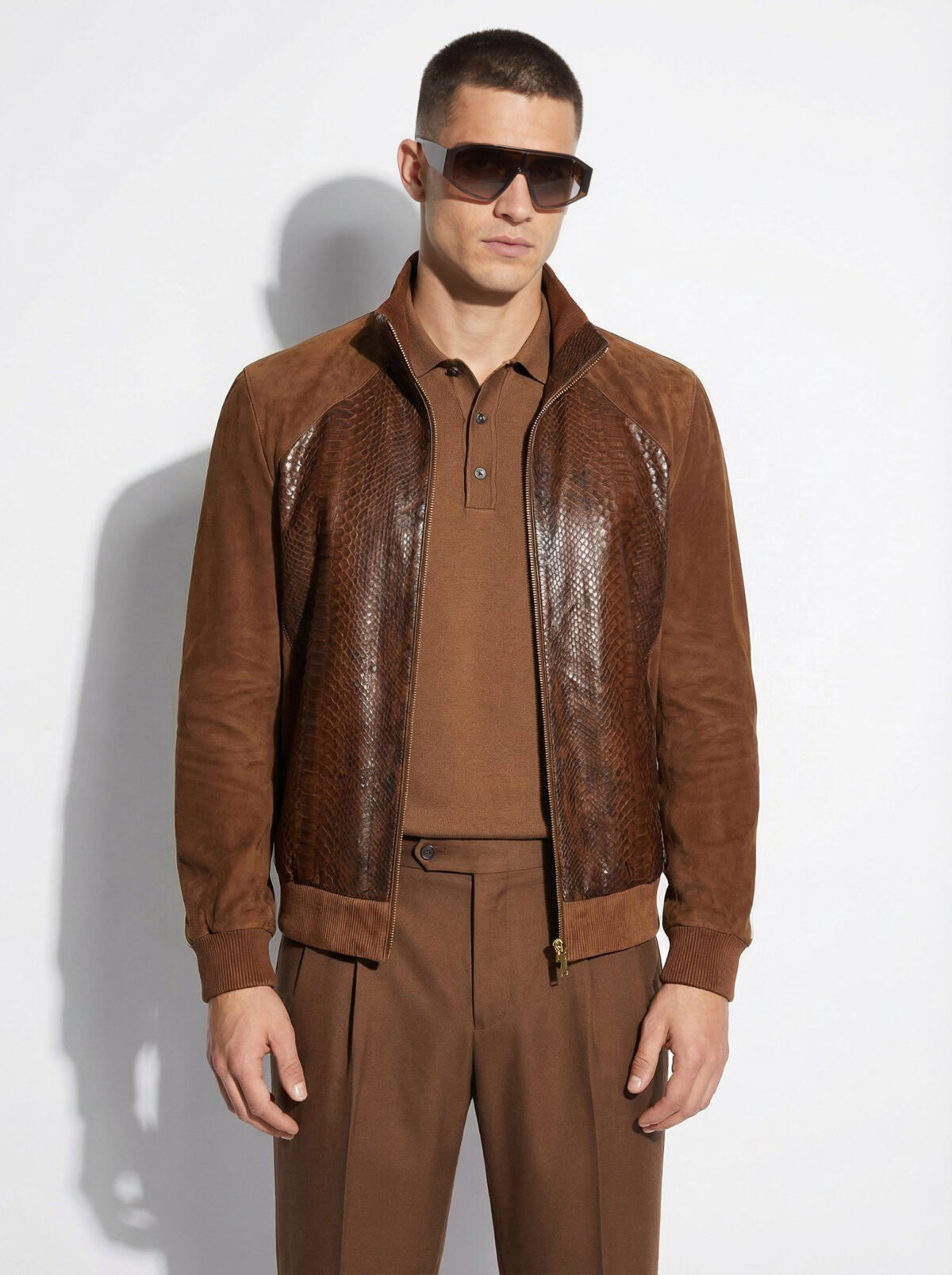 Brown Suede Bomber Jacket with Python Front
