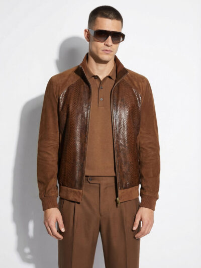 Brown Suede Bomber Jacket with Python Front
