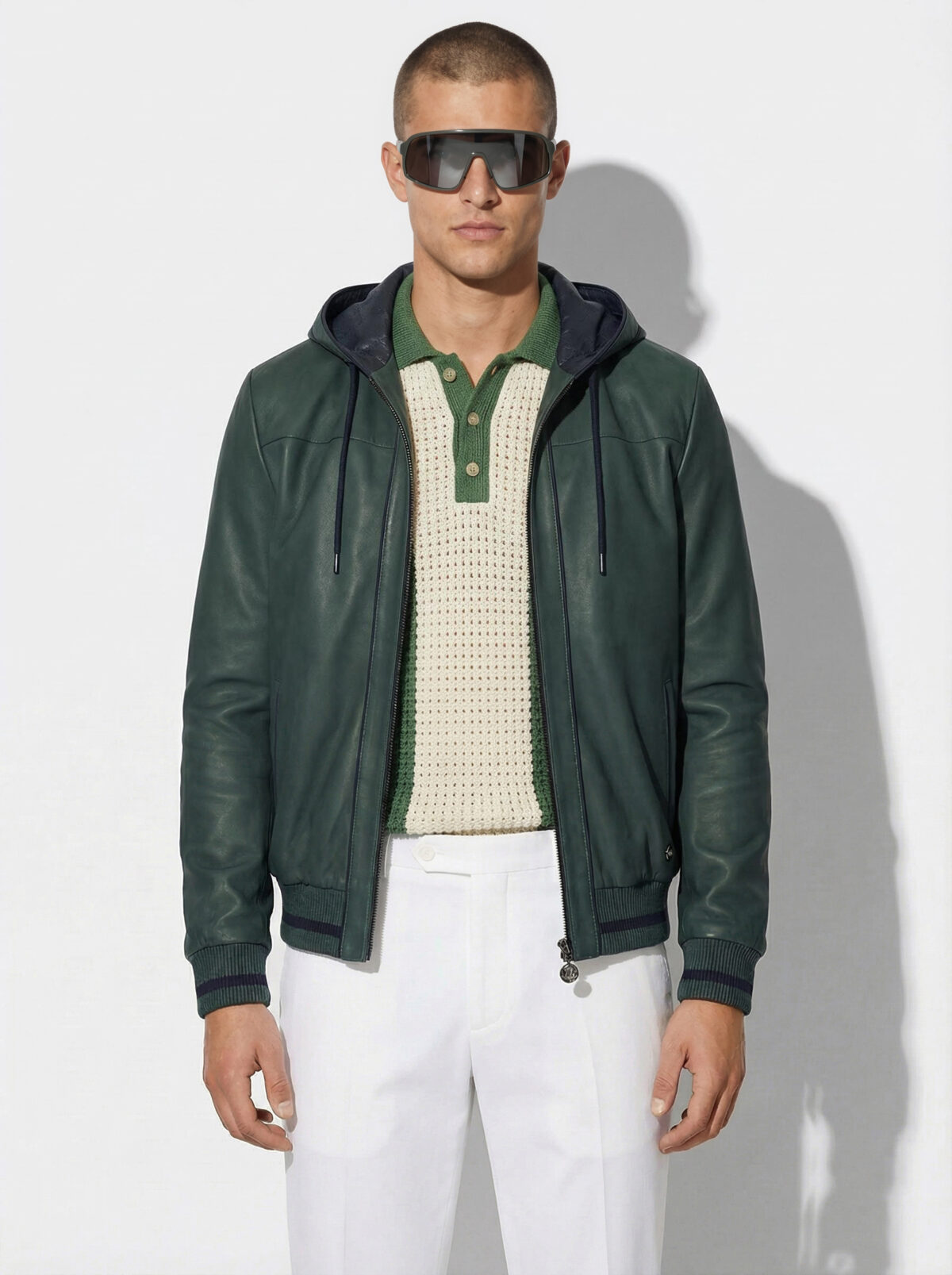 Hooded Leather Blouson with Striped Rib Trim