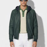 Hooded Leather Blouson with Striped Rib Trim