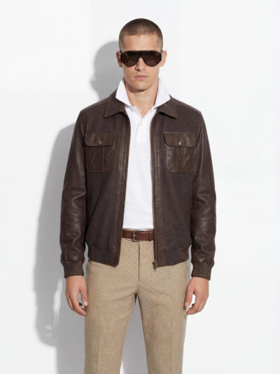 Brown Wool and Lambskin Bomber Jacket