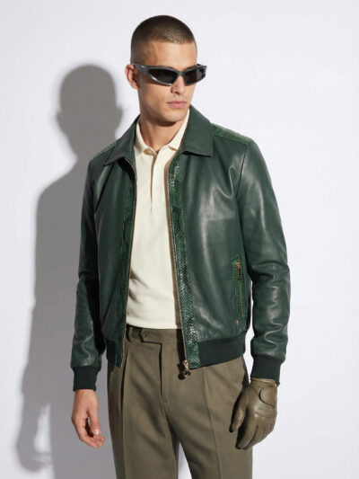 Emerald Green Leather Bomber Jacket with Python Trim