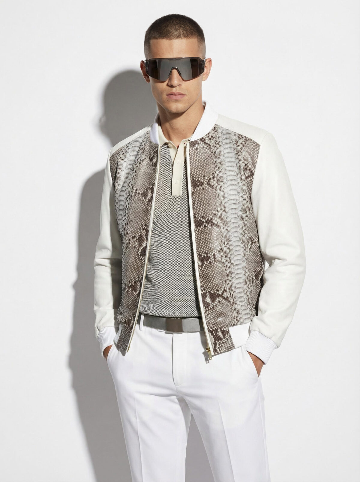 White Lambskin Bomber Jacket with Python Panels