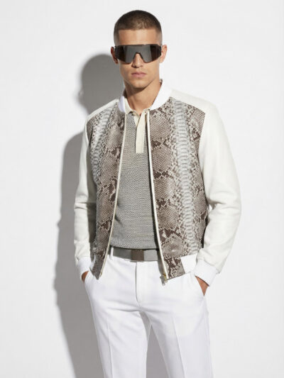 White Lambskin Bomber Jacket with Python Panels