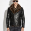 Black Python Biker Jacket with Jackal Fur Collar