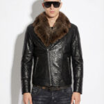 Black Python Biker Jacket with Jackal Fur Collar
