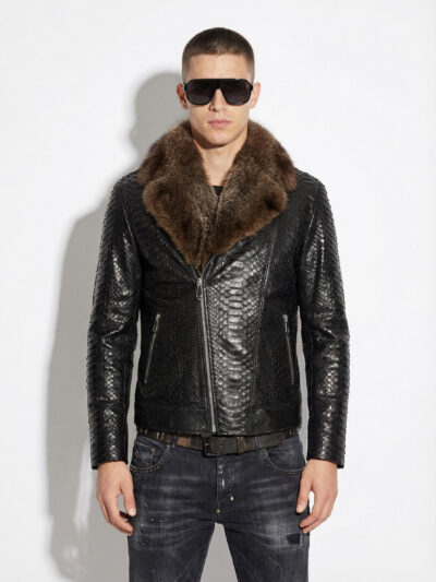 Black Python Biker Jacket with Jackal Fur Collar