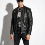 Python Skin Trim Leather Black Moto Jacket