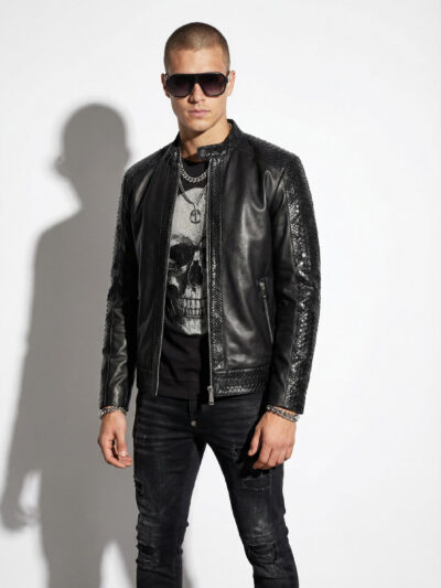 Python Skin Trim Leather Black Moto Jacket