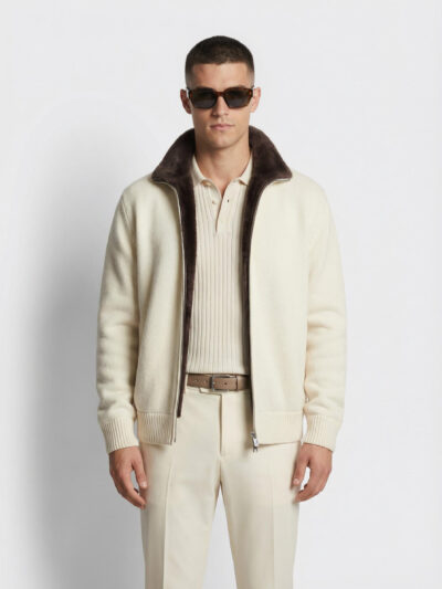 Cream Wool Cardigan with Merino Fur Lining