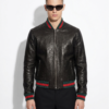 Leather Bomber Jacket with Striped Rib Trim