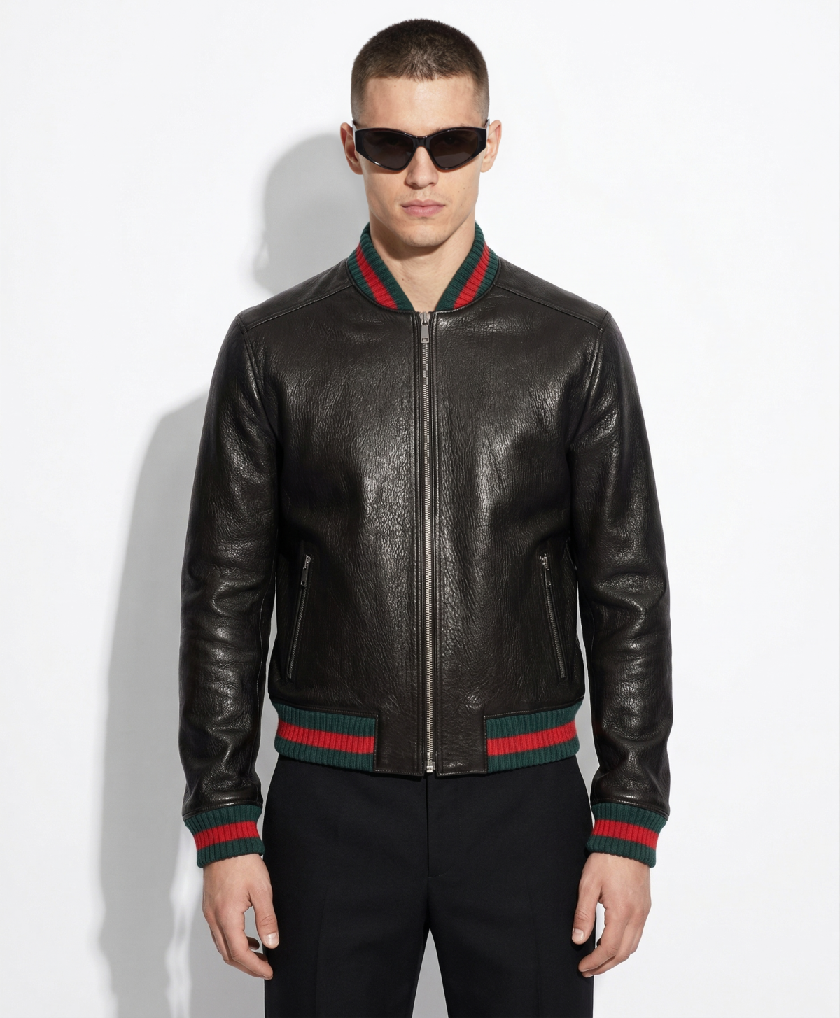 Leather Bomber Jacket with Striped Rib Trim