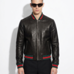 Leather Bomber Jacket with Striped Rib Trim