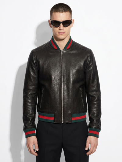 Leather Bomber Jacket with Striped Rib Trim