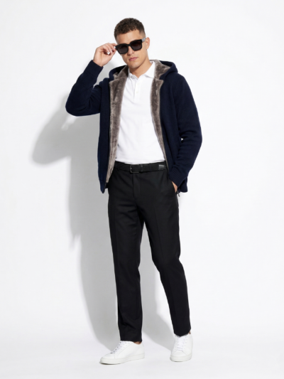 Hooded Wool Cardigan with Merino Fur Lining
