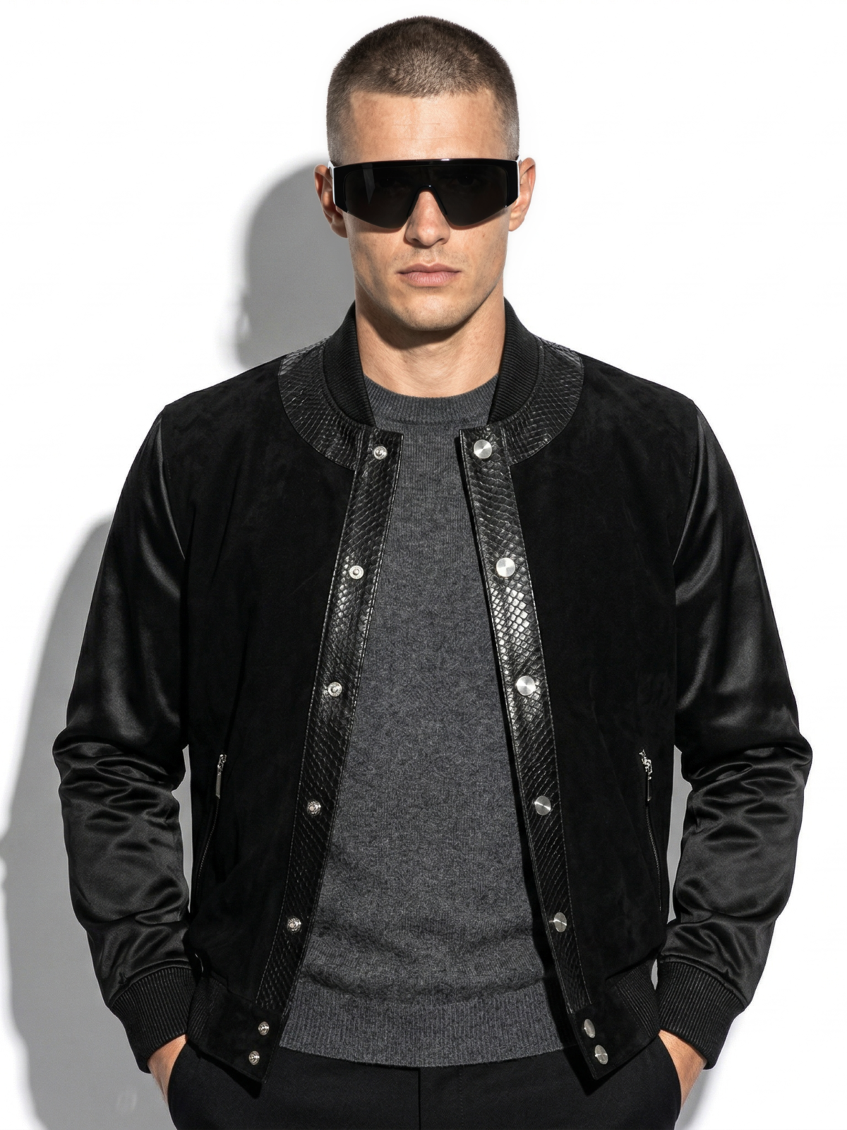 Suede Jacket: Python Trim, Zip Pockets