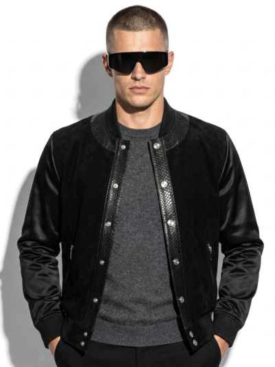 Suede Jacket: Python Trim, Zip Pockets