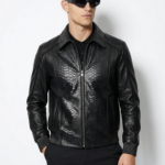 Black Leather Bomber Jacket with Python Trim