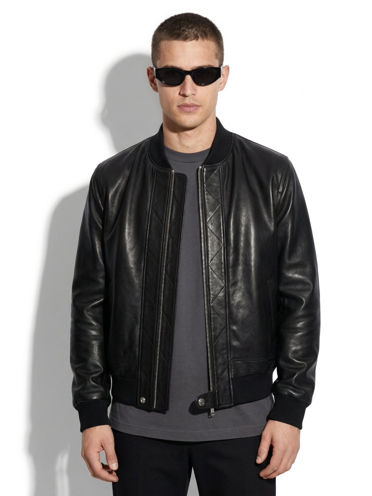 Skull-Embroidered Leather Bomber Jacket