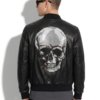 Skull-Embroidered Leather Bomber Jacket