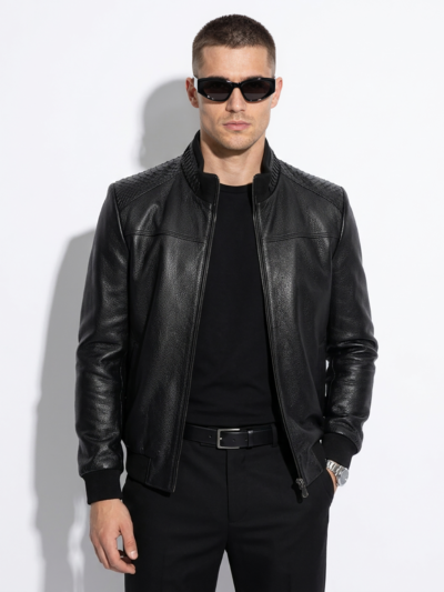 Black Textured Leather Jacket with Python Trim