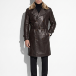 Leather Trench Coat with Fur Collar
