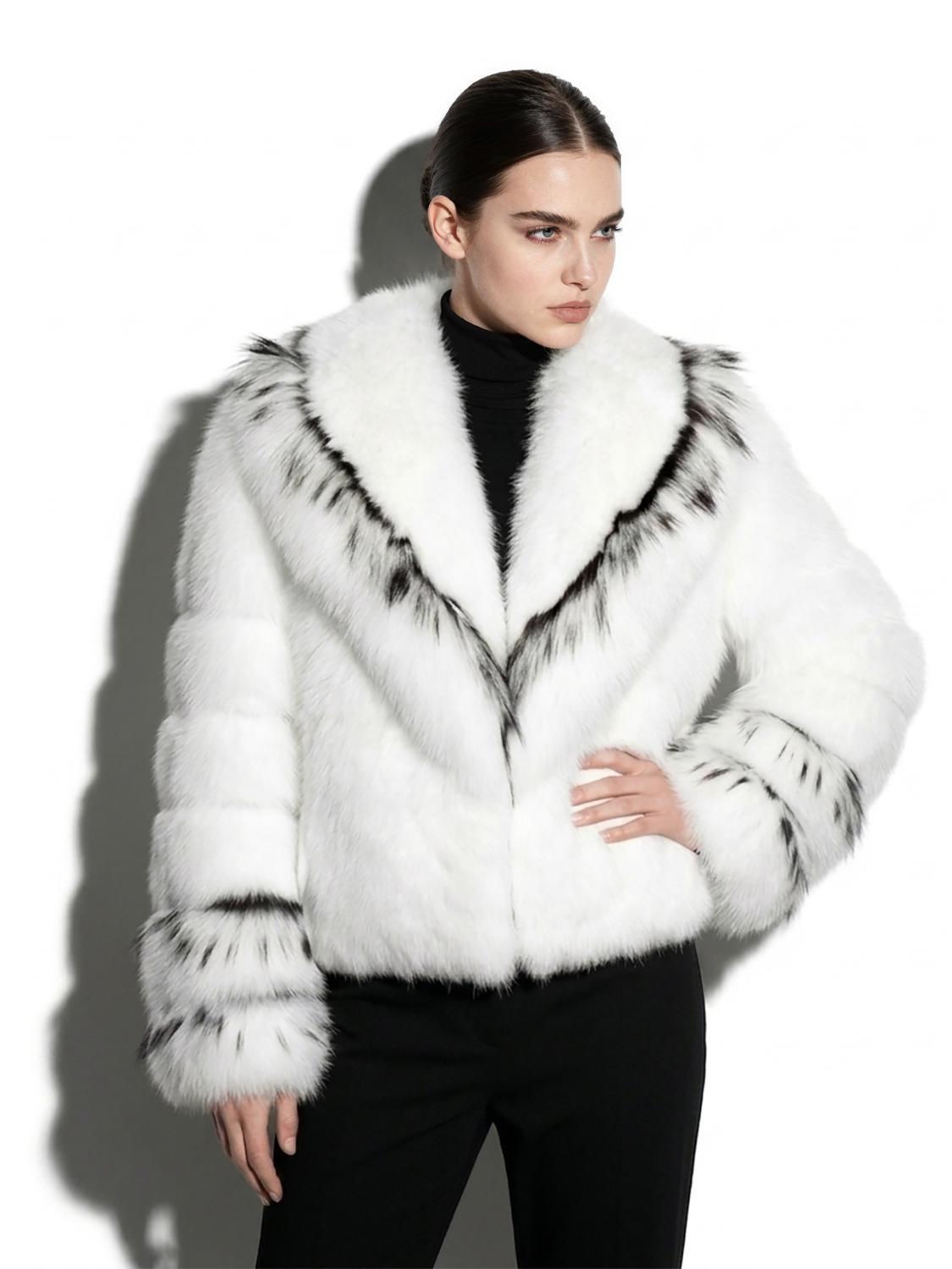 White Fox Fur Jacket With Black Trim