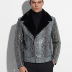 Grey Python Biker Jacket with Mink Collar