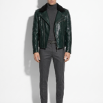 Green Python Biker Jacket with Sheep Fur Collar