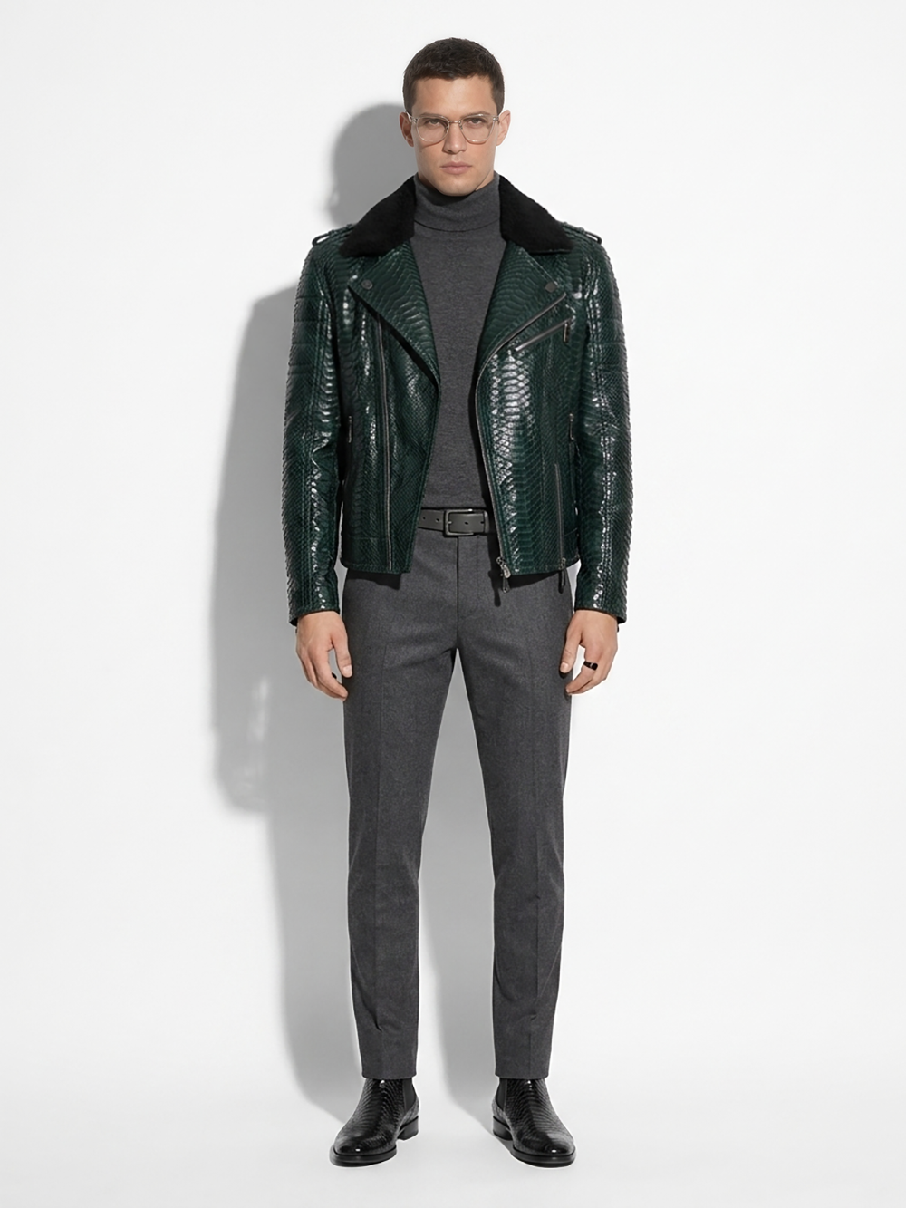 Green Python Biker Jacket with Sheep Fur Collar