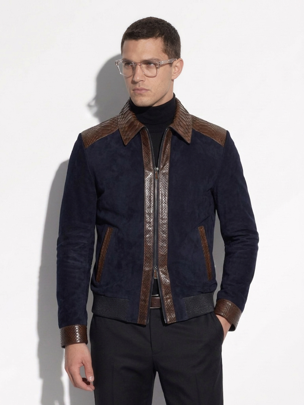Navy Metis Suede Jacket with Brown Python Trim