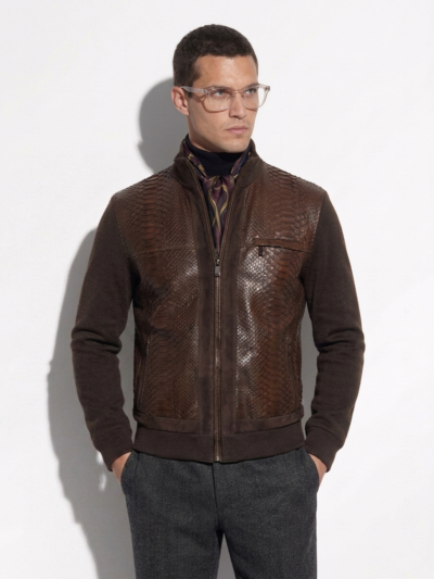 Wool Cardigan with Python and Suede Trim