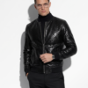 Black Python Bomber Jacket with Ribbed Hem