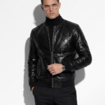 Black Python Bomber Jacket with Ribbed Hem