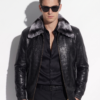 Crocodile-Embossed Leather Jacket with Fur Collar