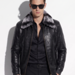 Crocodile-Embossed Leather Jacket with Fur Collar