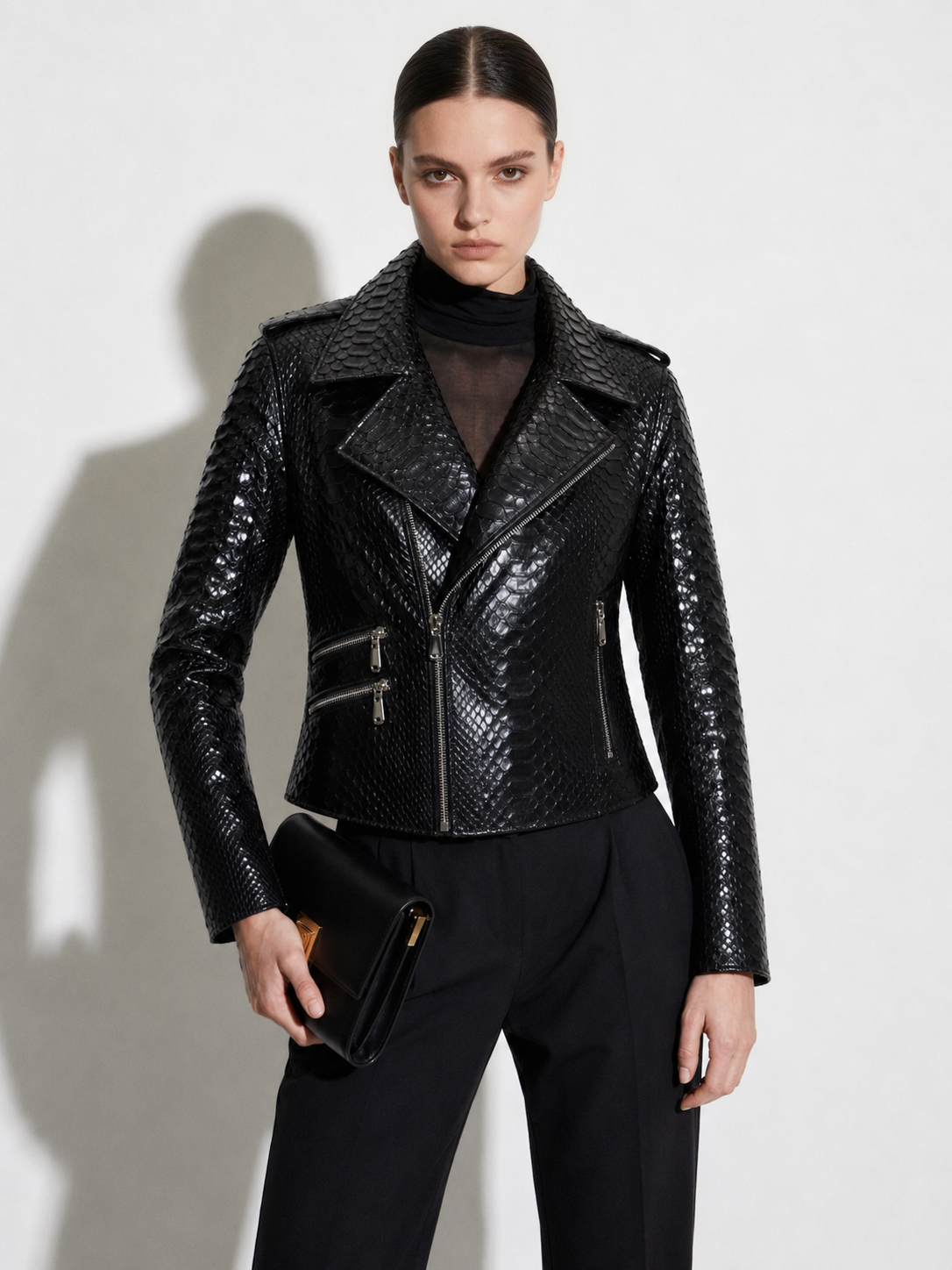 Python Leather Asymmetric Biker Jacket