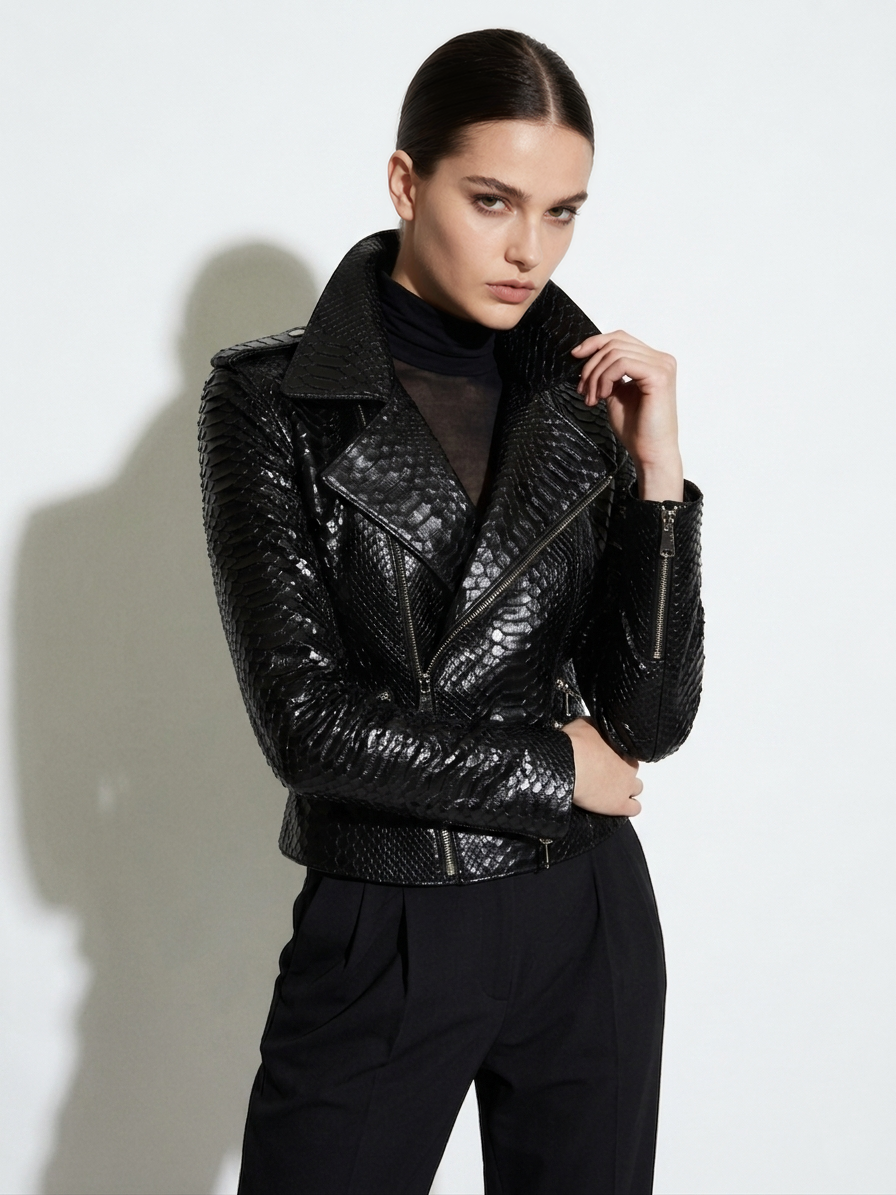Python Leather Asymmetric Biker Jacket