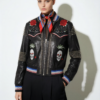 Crystal Skull and Rose Embellished Leather Bomber