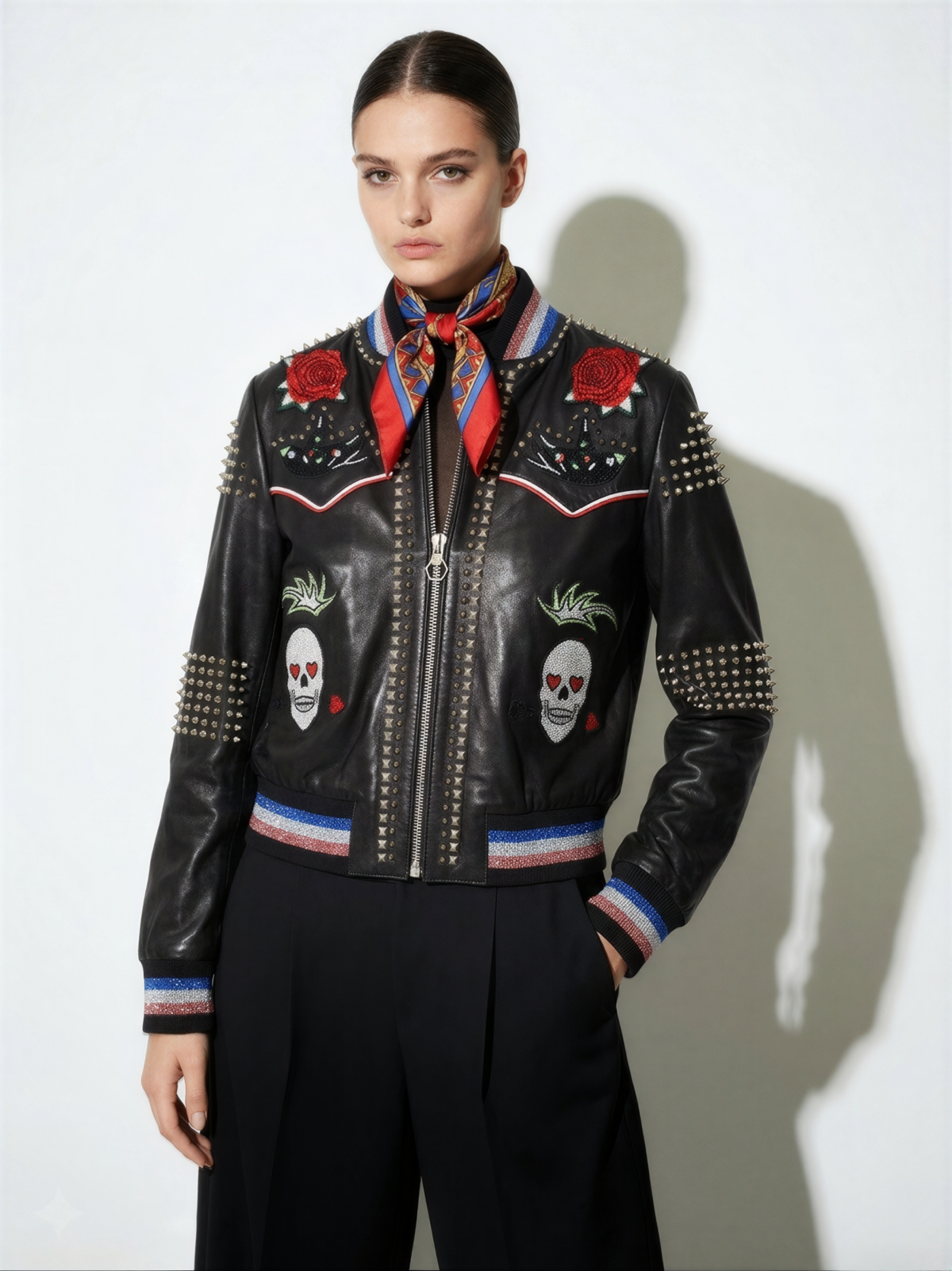 Crystal Skull and Rose Embellished Leather Bomber