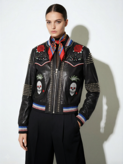 Crystal Skull and Rose Embellished Leather Bomber
