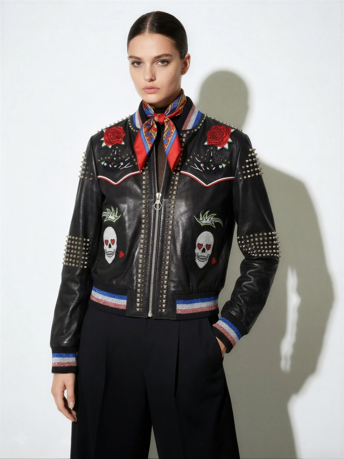Crystal Skull and Rose Embellished Leather Bomber