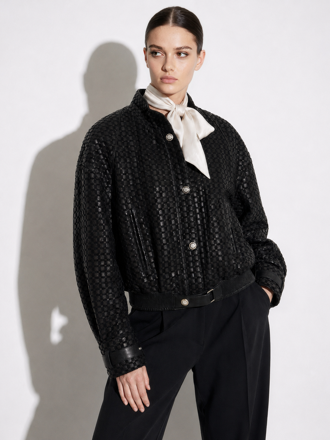 Oversized Hand-Woven Intrecciato Leather Bomber