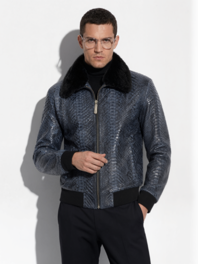 Blue Python Jacket with Mink Collar