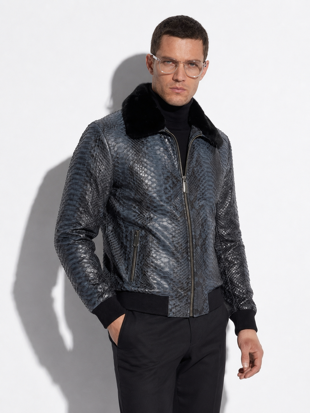 Blue Python Jacket with Mink Collar